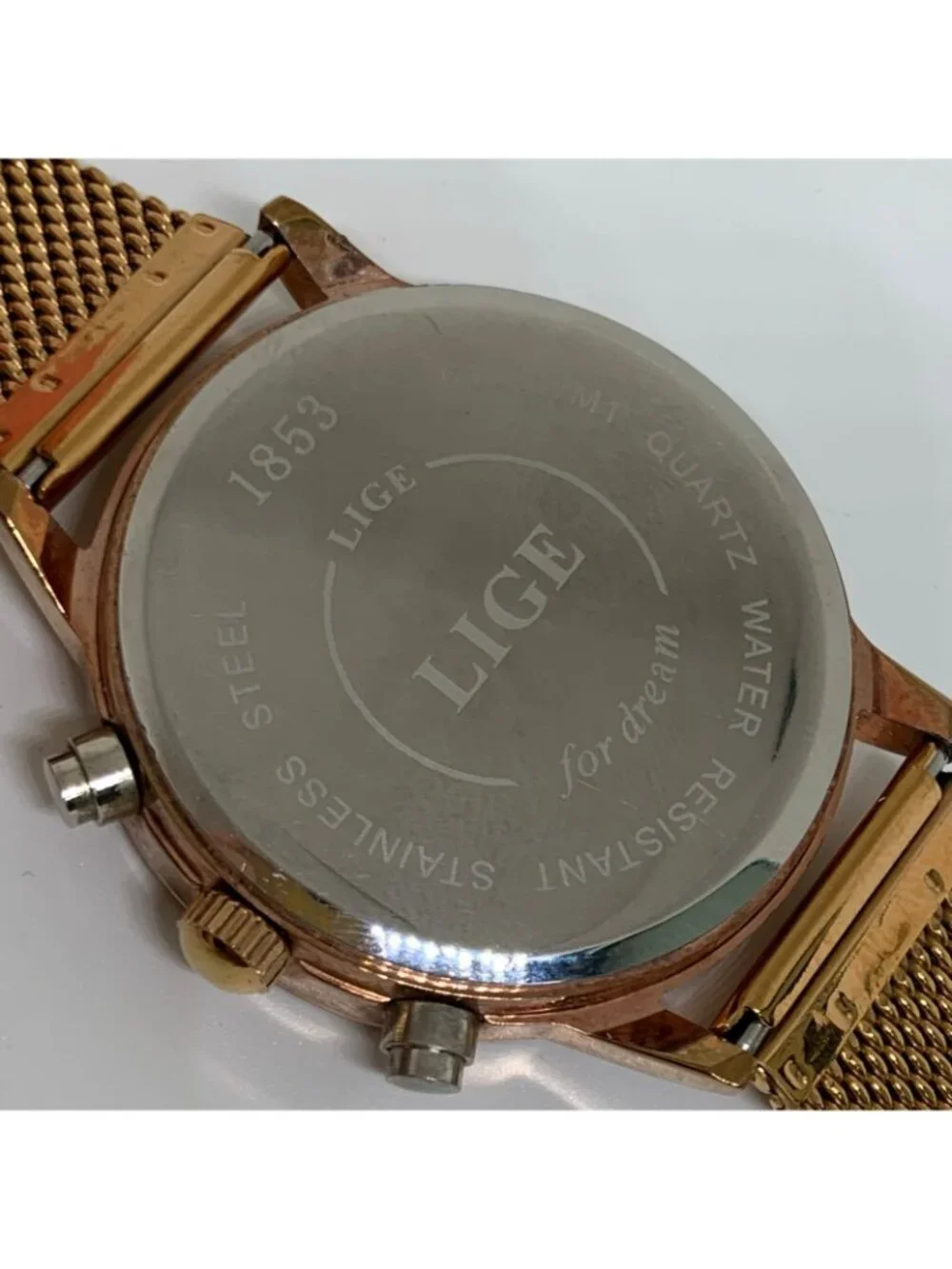 Lige Dream Mens watch date Moon Phase 44mm Gold Tone Black dial Quartz running